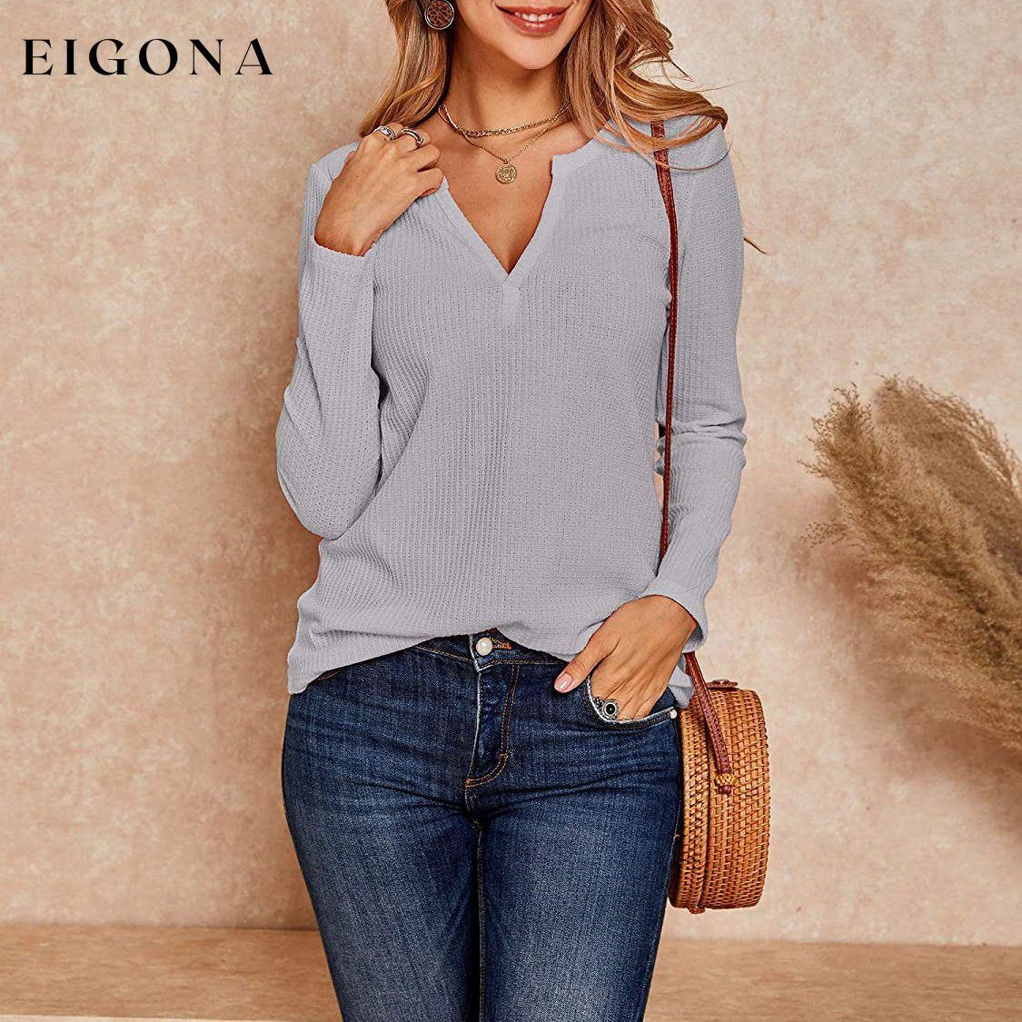 Women's V Neck Waffle Knit Henley Tops __stock:500 clothes refund_fee:800 tops