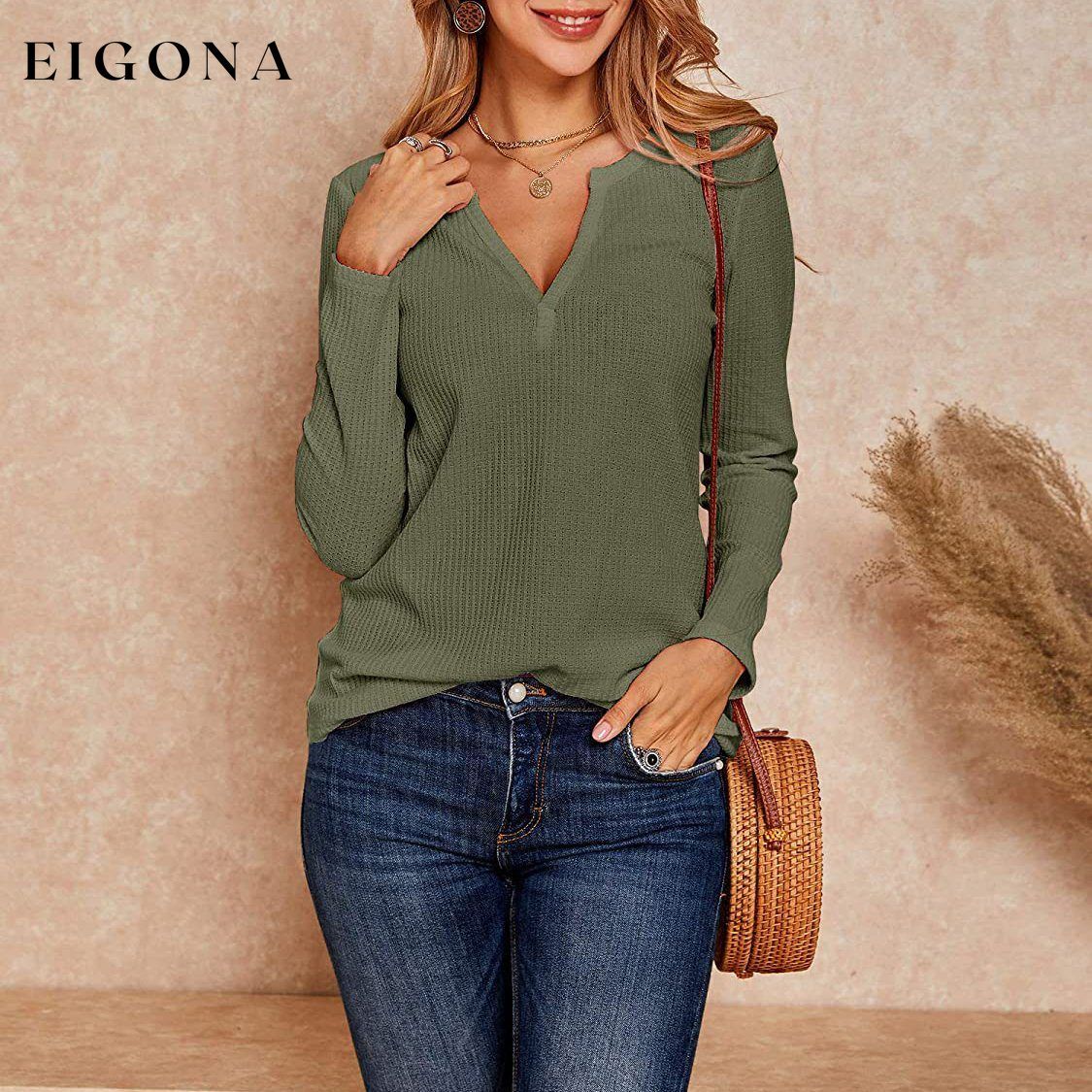 Women's V Neck Waffle Knit Henley Tops __stock:500 clothes refund_fee:800 tops