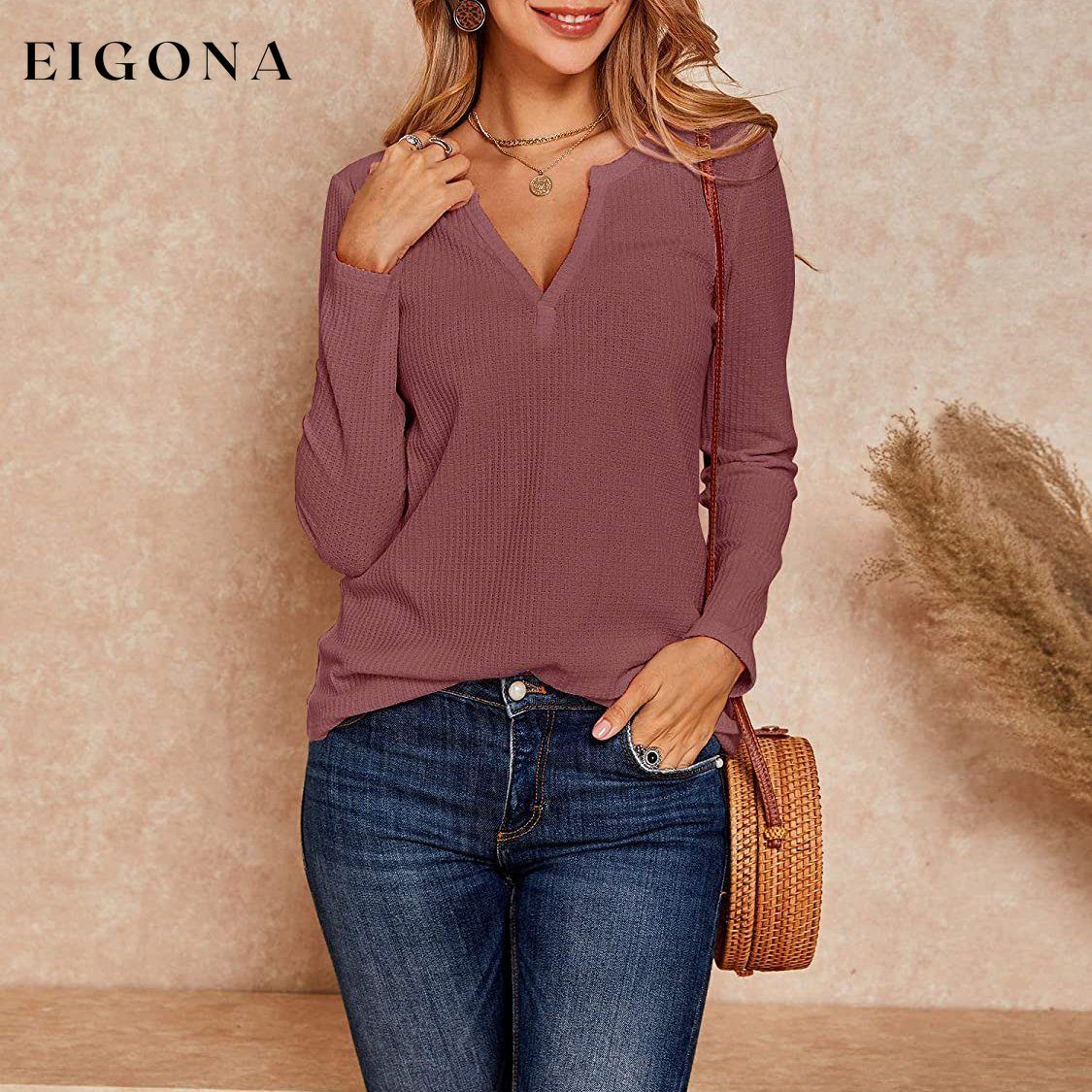 Women's V Neck Waffle Knit Henley Tops __stock:500 clothes refund_fee:800 tops