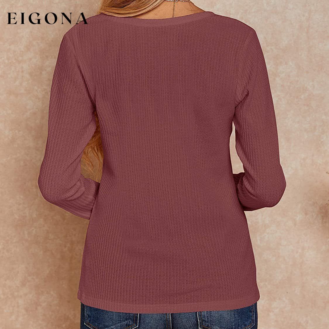 Women's V Neck Waffle Knit Henley Tops __stock:500 clothes refund_fee:800 tops