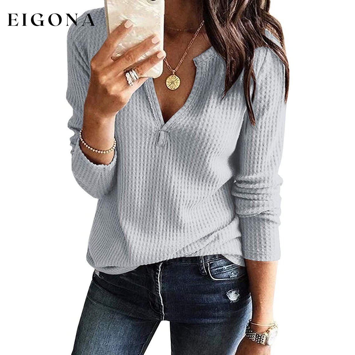 Women's V Neck Waffle Knit Henley Tops Gray __stock:500 clothes refund_fee:800 tops