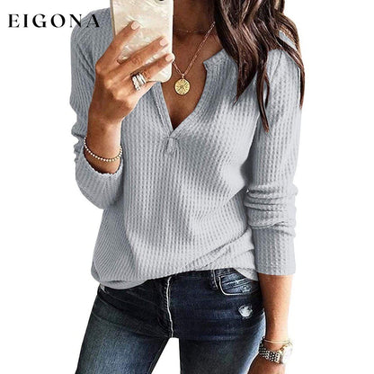 Women's V Neck Waffle Knit Henley Tops Gray __stock:500 clothes refund_fee:800 tops