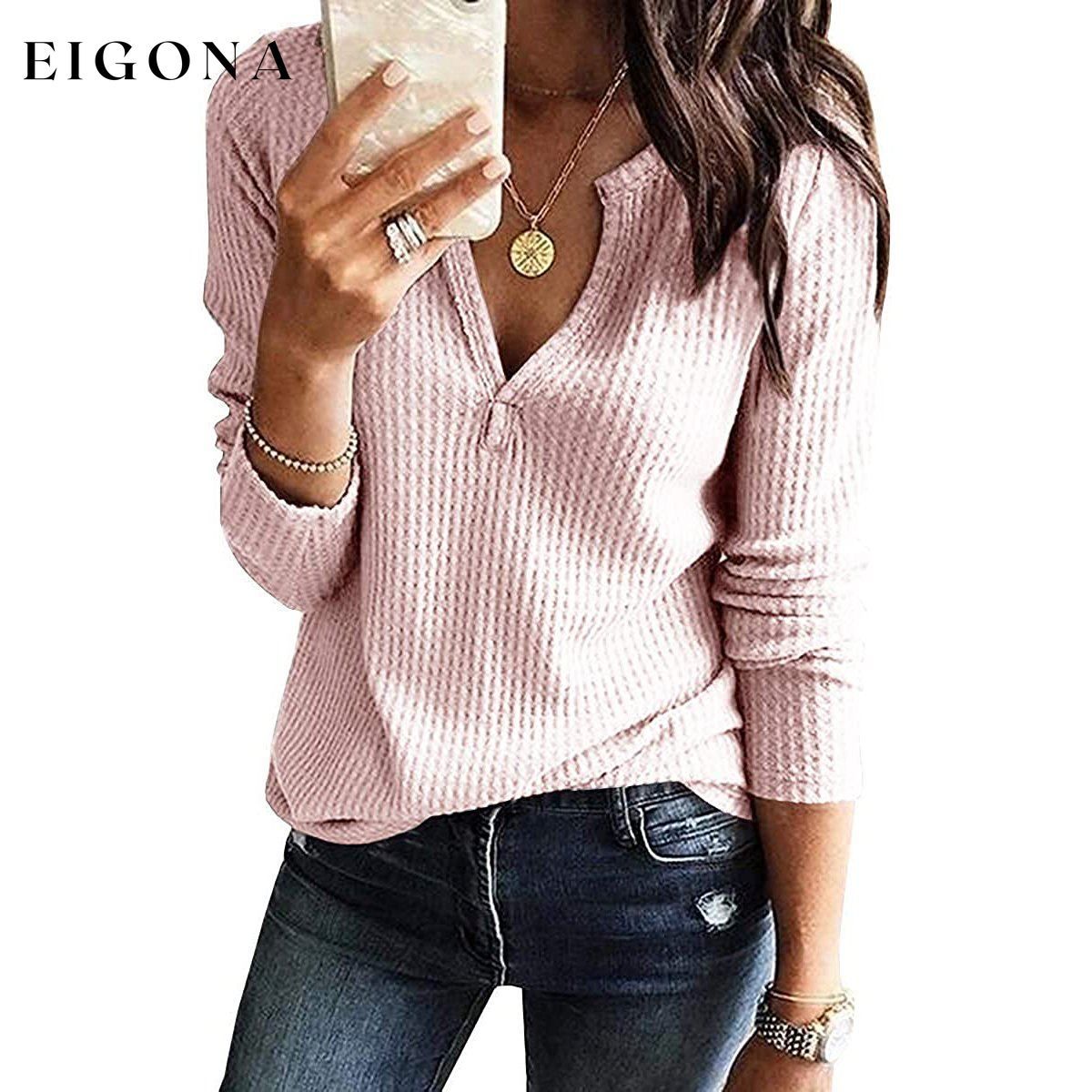Women's V Neck Waffle Knit Henley Tops Light Pink __stock:500 clothes refund_fee:800 tops