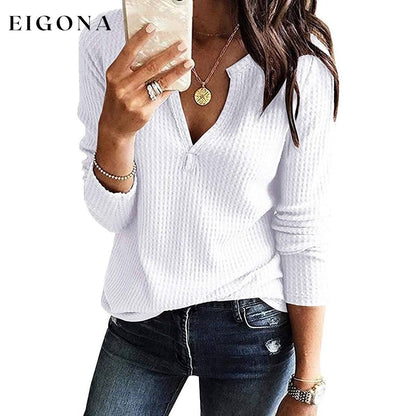 Women's V Neck Waffle Knit Henley Tops White __stock:500 clothes refund_fee:800 tops