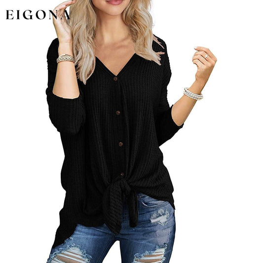 Womens Waffle Knit Tunic Blouse Tie Knot Henley Tops Black __stock:200 clothes refund_fee:800 tops