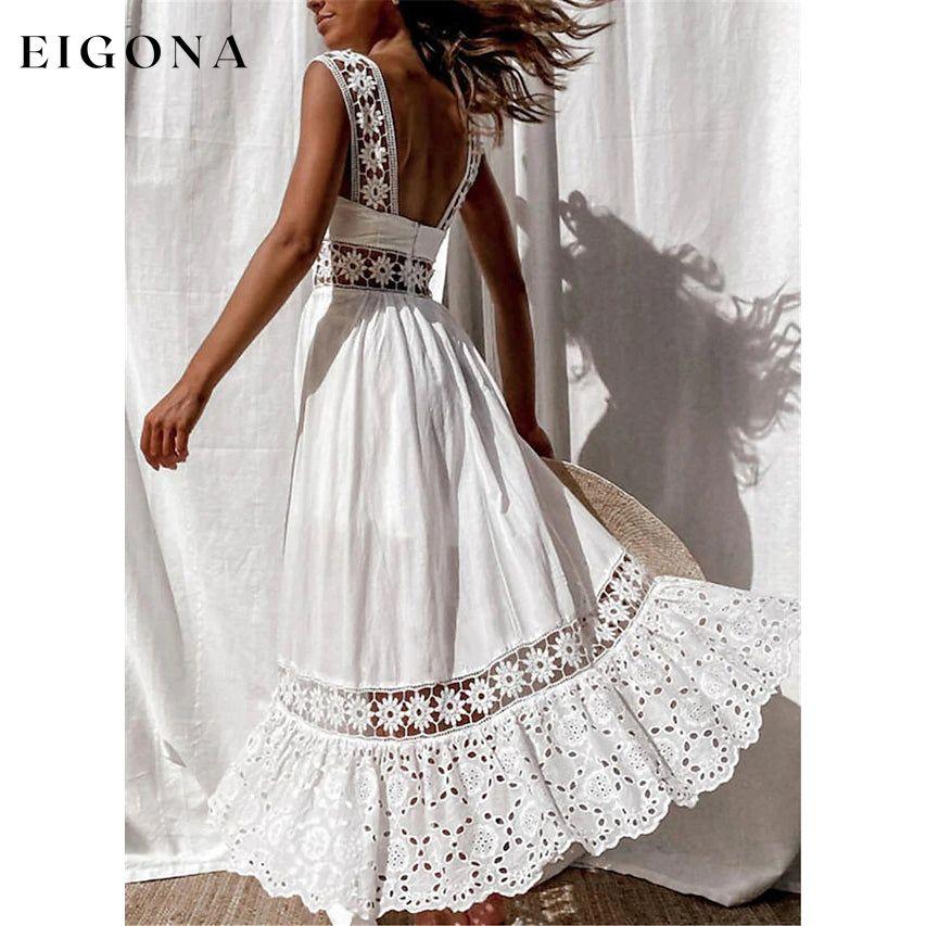 Women's White Sleeveless Solid Lace Panel Dress __stock:200 casual dresses clothes dresses refund_fee:1200