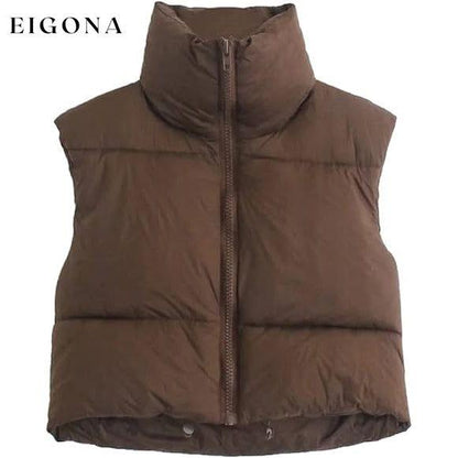 Women's Winter Crop Vest Lightweight Sleeveless Warm Outerwear Puffer Vest Padded Gilet Brown __stock:200 Jackets & Coats refund_fee:1200