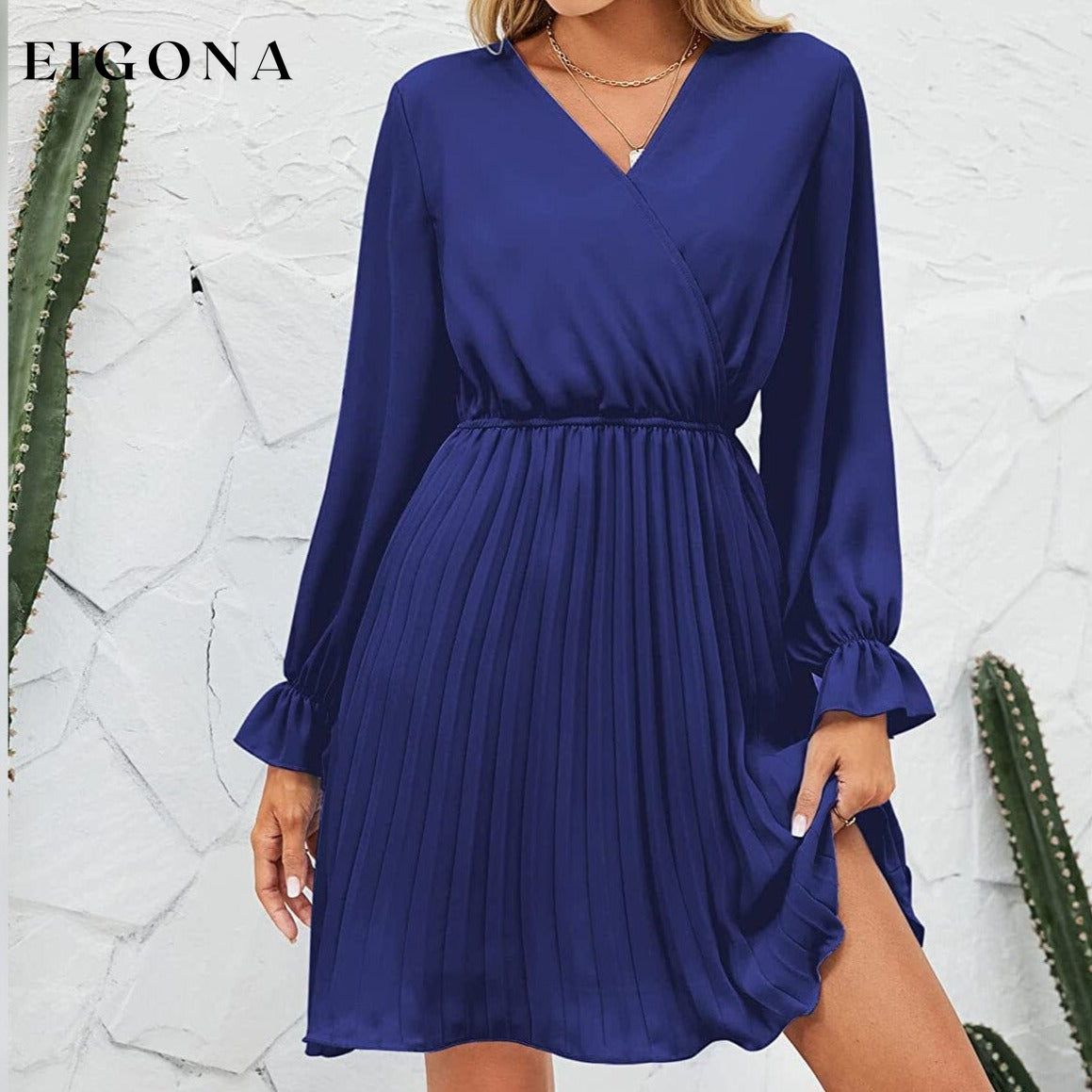 Womens Wrap V Neck Pleated Long Sleeve Mini Dresses __stock:200 casual dresses clothes dresses refund_fee:1200