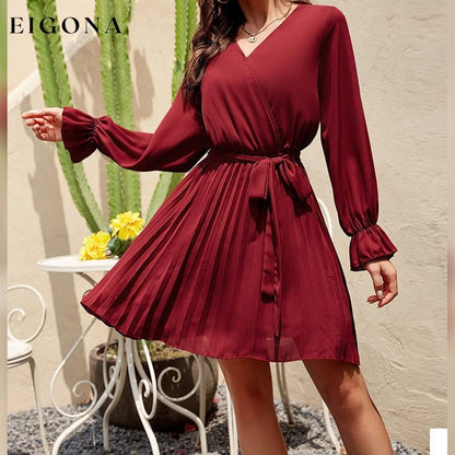 Womens Wrap V Neck Pleated Long Sleeve Mini Dresses __stock:200 casual dresses clothes dresses refund_fee:1200