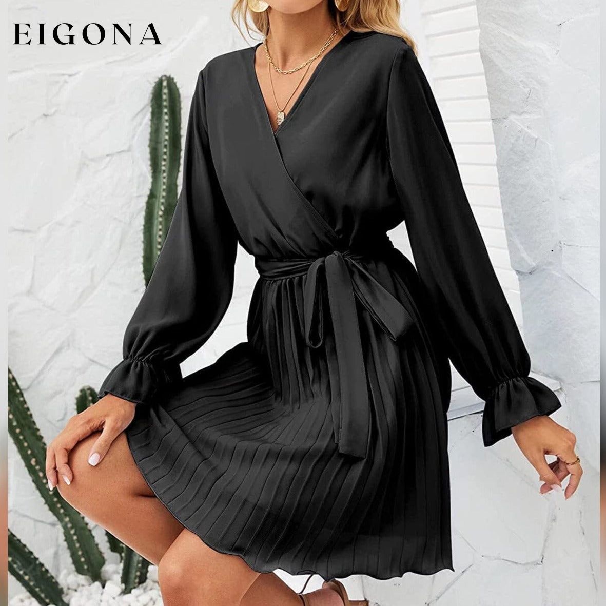 Womens Wrap V Neck Pleated Long Sleeve Mini Dresses __stock:200 casual dresses clothes dresses refund_fee:1200