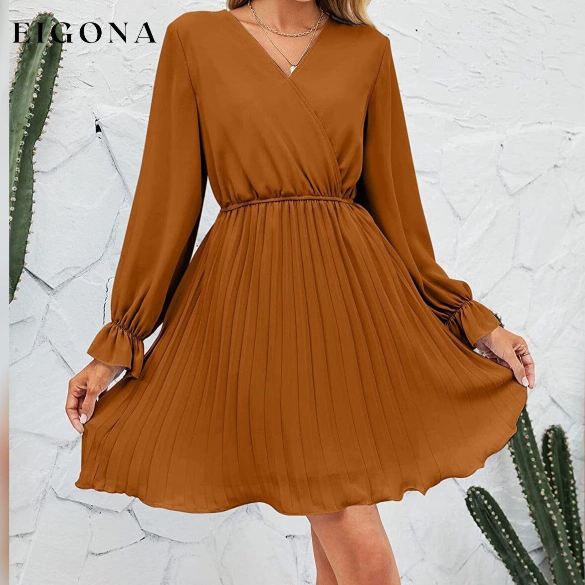 Womens Wrap V Neck Pleated Long Sleeve Mini Dresses __stock:200 casual dresses clothes dresses refund_fee:1200