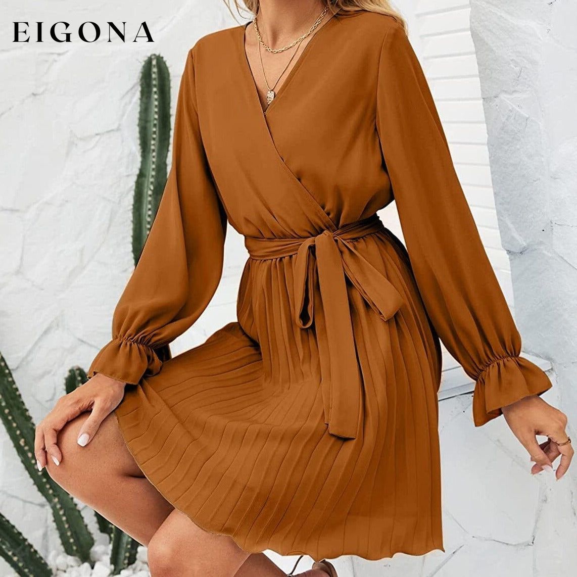 Womens Wrap V Neck Pleated Long Sleeve Mini Dresses __stock:200 casual dresses clothes dresses refund_fee:1200