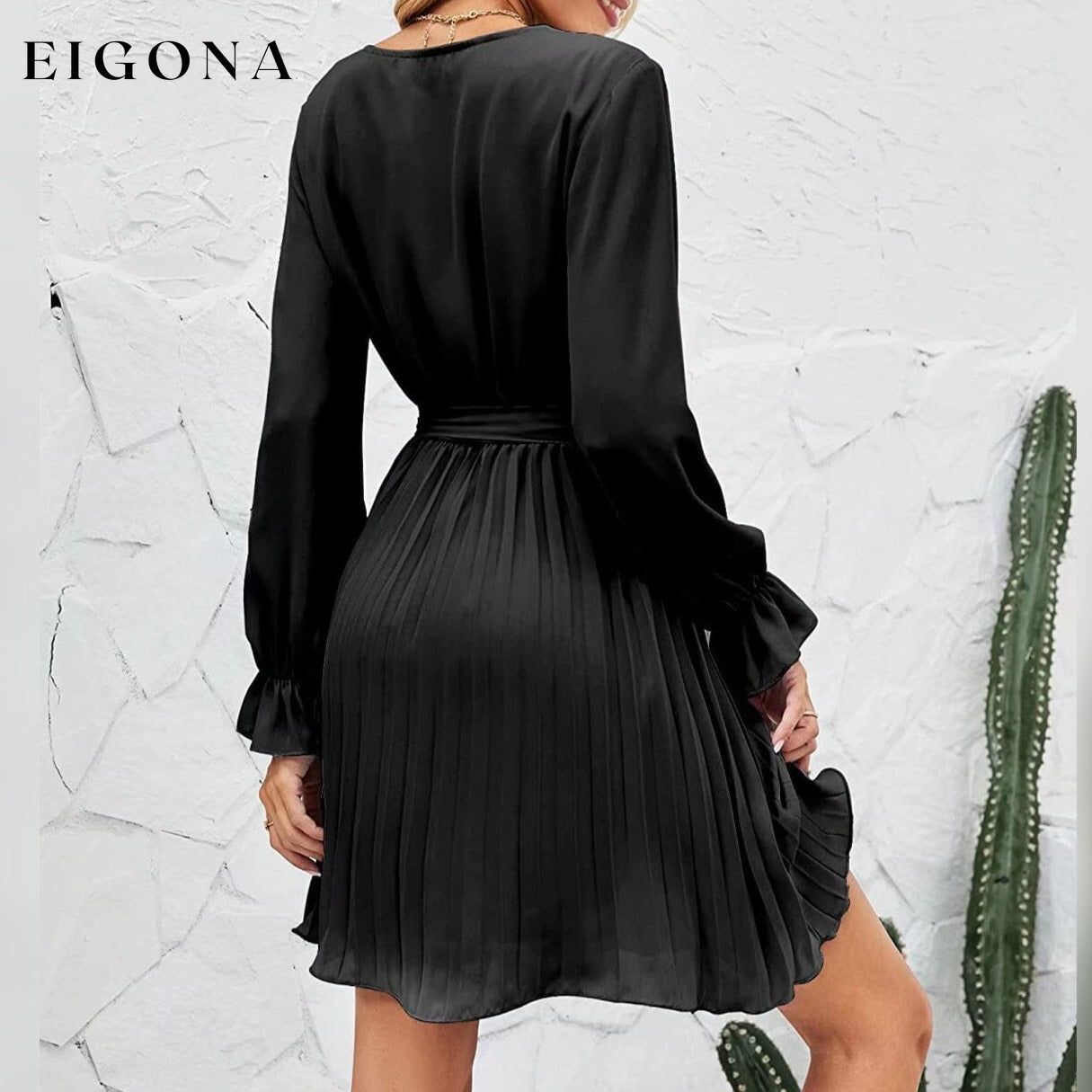 Womens Wrap V Neck Pleated Long Sleeve Mini Dresses __stock:200 casual dresses clothes dresses refund_fee:1200