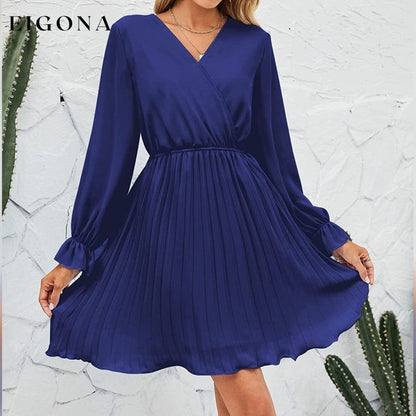 Womens Wrap V Neck Pleated Long Sleeve Mini Dresses __stock:200 casual dresses clothes dresses refund_fee:1200