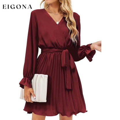 Womens Wrap V Neck Pleated Long Sleeve Mini Dresses Wine Red __stock:200 casual dresses clothes dresses refund_fee:1200